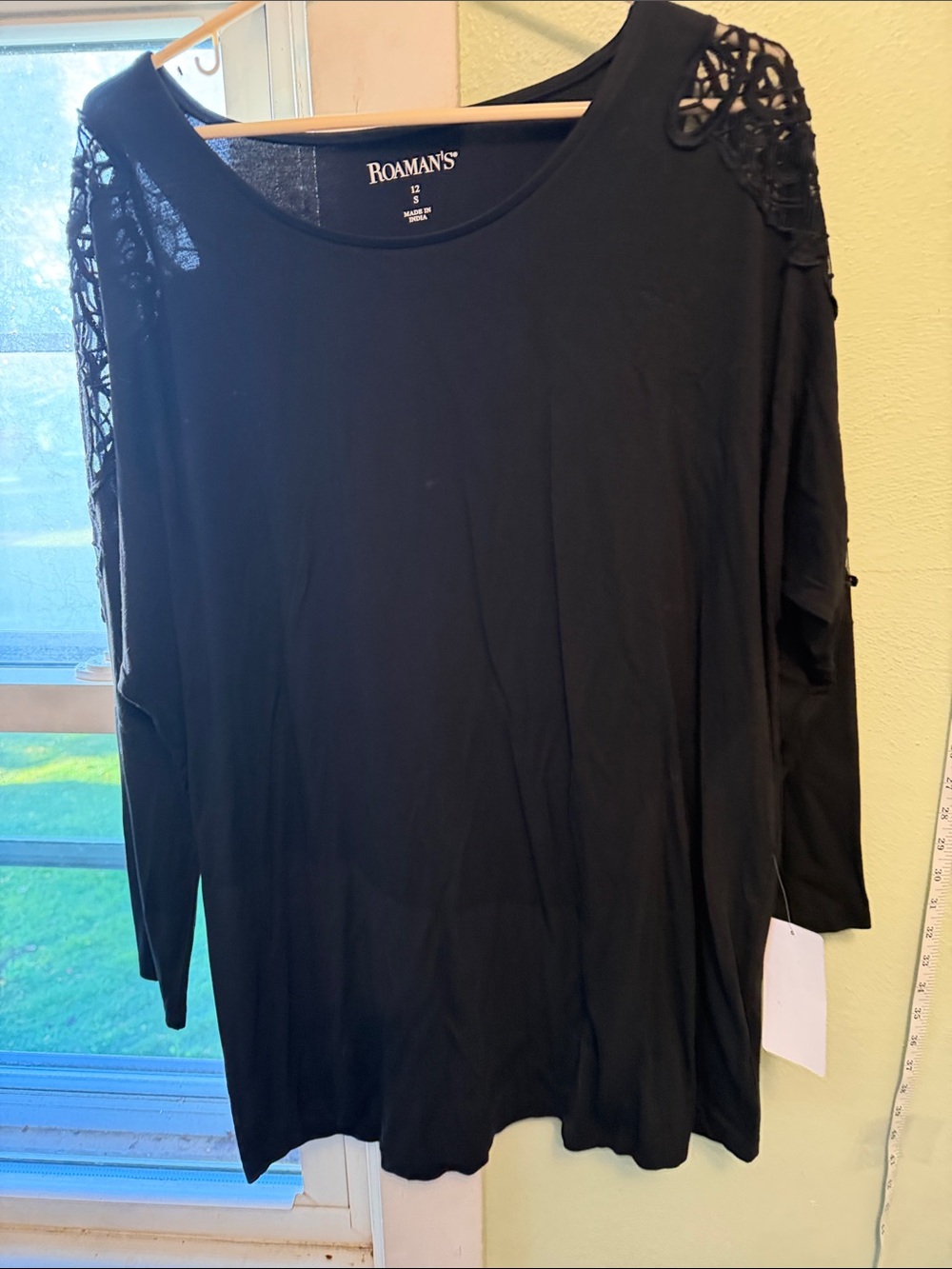 Roaman's Black Long-Sleeve Top with Crochet Shoulder Detail